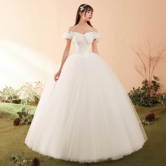 Elegant Ivory Wedding Dresses 2018 Ball Gown Bow Off The Shoulder Backless Short Sleeve Floor Length Long Wedding
