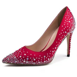 Charming Burgundy Evening Party Rhinestone Pumps 2020 Leather 10 Cm Stiletto Heels Pointed Toe Pumps