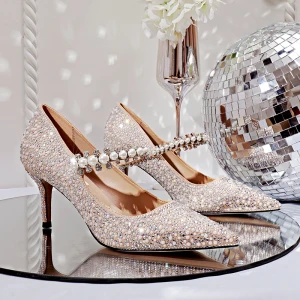 Uroczy Ecru Perła Rhinestone Buty Ślubne 2020 7 Cm Szpilki Szpiczaste Ślub Czółenka