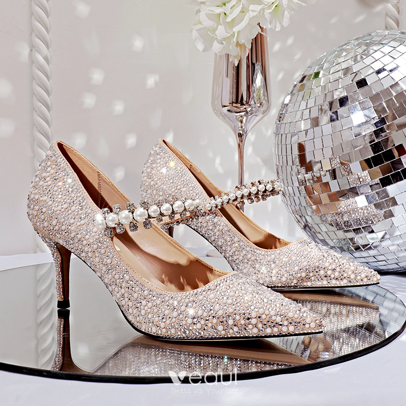 Charming Nude Pearl Rhinestone Wedding Shoes 2020 7 cm Stiletto Heels Pointed Toe Wedding Pumps