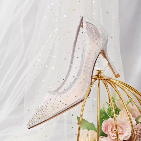 Glitzernden Silber Brautschuhe 2020 Strass Pailletten 9 cm Stilettos Spitzschuh Hochzeit Pumps