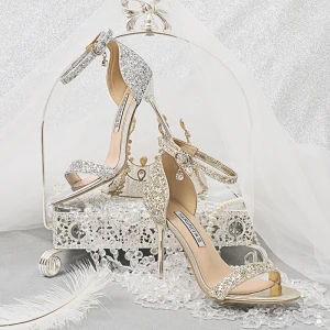 Sexy Silver Evening Party Sequins Womens Sandals 2020 Ankle Strap 10 Cm Stiletto Heels Open Peep Toe Sandals