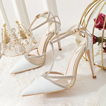 Sexy Ivoire Soirée Faux Diamant Sandales Femme 2020 T Strap 10 Cm Talons Aiguilles À Bout Pointu Sandales