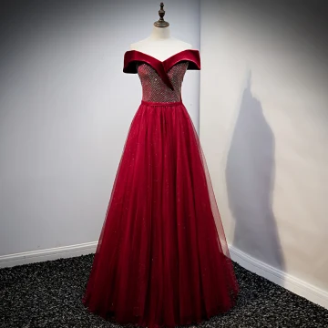 Élégant Glitter Daim Bordeaux Robe De Bal 2021 Princesse De L 039 Épaule Faux Diamant Manches Courtes Dos Nu Longue Promo Robe De Ceremonie
