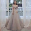 Fashion Grey Gold Prom Dresses 2021 A-Line / Princess Off-The-Shoulder Sequins Lace Flower Short Sleeve Backless Floor-Length / Long Prom Formal Dresses