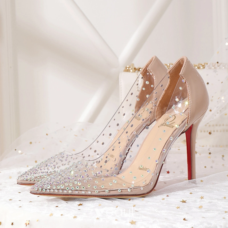 Transparent Sexy Nude Evening Party Rhinestone Pumps 2020 10 cm Stiletto Heels Pointed Toe Pumps