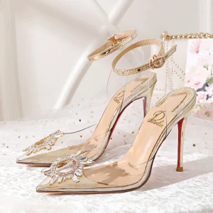 Sexig Transparent Guld Afton Rhinestone Sandaler Dam 2020 Ankelband 10 Cm Stilettklackar Spetsiga Sandaler