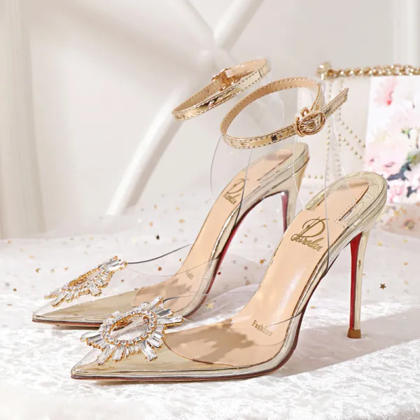 Sexy Transparent Gold Evening Party Rhinestone Womens Sandals 2020 Ankle Strap 10 cm Stiletto Heels Pointed Toe Sandals