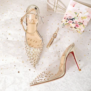 Transparent Doré Soirée Sandales Femme 2020 Bride Cheville Rivet 10 Cm Talons Aiguilles À Bout Pointu Sandales