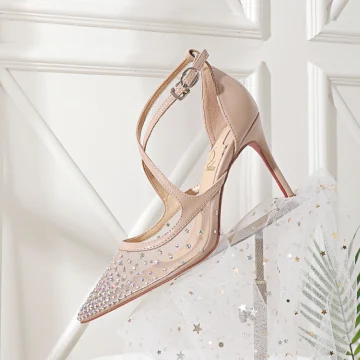 Chic Beautiful Nude Casual Rhinestone Womens Sandals 2020 X Strap 8 Cm Stiletto Heels Pointed Toe Sandals