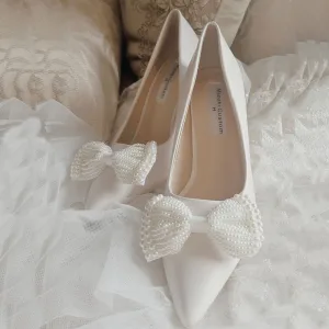 Elegant Ivory Wedding Shoes 2020 Pearl Bow 10 Cm Stiletto Heels Pointed Toe Wedding Pumps