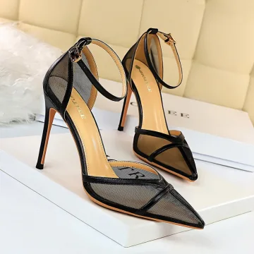 Modest Simple Black Street Wear See Through Womens Sandals 2020 Ankle Strap 10 Cm Stiletto Heels Pointed Toe Sandals