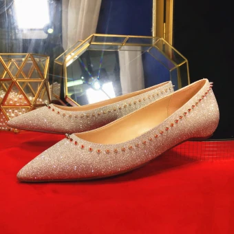Sparkly Gold Glitter Evening Party Flat Womens Shoes 2020 Rhinestone Sequins Pointed Toe