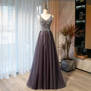 Chic Beautiful Purple Prom Dresses 2021 A Line Princess V Neck Beading Sequins Sleeveless Backless Floor Length Long Prom Formal Dresses