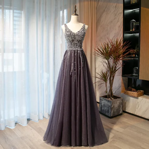 Chic / Belle Violet Robe De Bal 2021 Princesse V-Cou Perlage Paillettes Sans Manches Dos Nu Longue Promo Robe De Ceremonie