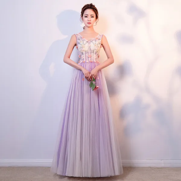 Purple Tulle Appliques Beading V Neck Prom Formal Dress