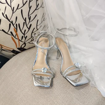 Sexy Sommer Sølv Fest Sandaler Dame 2020 Rhinestone Ankelstropp 8 Cm Stiletthæler Peep Toe Sandaler