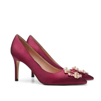 Chic Beautiful Burgundy Satin Wedding Shoes 2021 Leather Pearl Rhinestone 9 Cm Stiletto Heels Pointed Toe Wedding Pumps High Heels