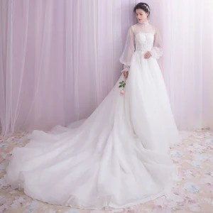 Vintage Retro White Wedding Dresses 2018 A Line Princess Lace Pearl Covered Button High Neck Long Sleeve Chapel Train Wedding
