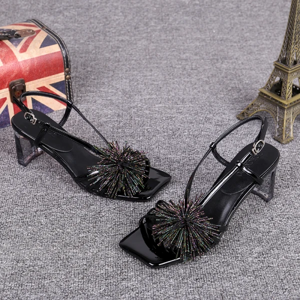 Sexy Noire Vêtement de rue Slingbacks Sandales Femme 2020 Cuir Faux Diamant Gland 6 cm Talons Épais Peep Toes / Bout Ouvert Sandales