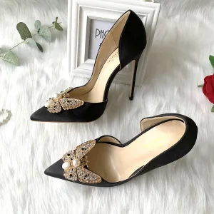 Eleganta Svarta Bal Damskor 2020 Läder Pärla Rhinestone Rosett 12 Cm Stilettklackar Spetsiga Klackskor