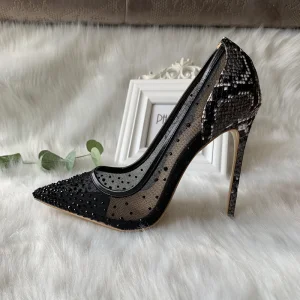 Charmant Noire Soirée Faux Diamant Escarpins 2020 Cuir Motif Peau De Serpent 12 Cm Talons Aiguilles À Bout Pointu Escarpins