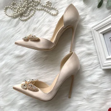Uroczy Szampan Bal Buty Damskie 2020 Skórzany Perła Rhinestone Motyl 12 Cm Szpilki Szpiczaste Na Obcasie