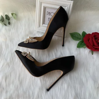 Élégant Noire Promo Cuir Escarpins 2020 Perle Faux Diamant Papillon 12 Cm Talons Aiguilles À Bout Pointu Escarpins