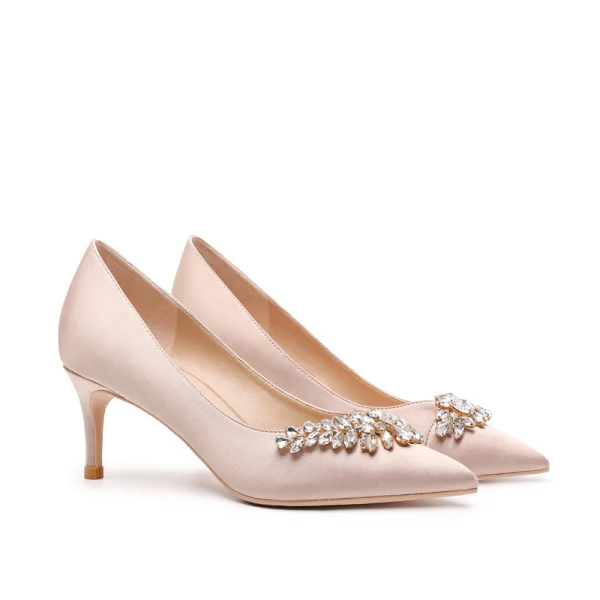 Charming Champagne Rhinestone Wedding Shoes 2021 Leather 7 cm Stiletto Heels Pointed Toe Wedding Pumps High Heels
