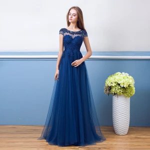 Chic Belle Bleu Roi Robe De Soirée 2018 Princesse En Dentelle Appliques Perlage Cristal Perle Encolure Dégagée Dos Nu Manches Courtes Longue Robe De Ceremonie