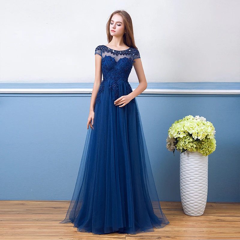 Chic Beautiful Royal Blue Evening Dresses 2018 A Line Princess Lace  Appliques Beading Crystal Pearl Scoop Neck Backless Short Sleeve Floor  Length Long Formal Dresses