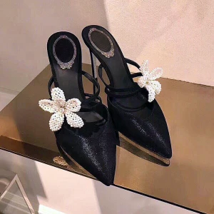 Charming Black Dancing Suede Womens Sandals 2020 Leather Pearl 9 Cm Stiletto Heels Pointed Toe Sandals
