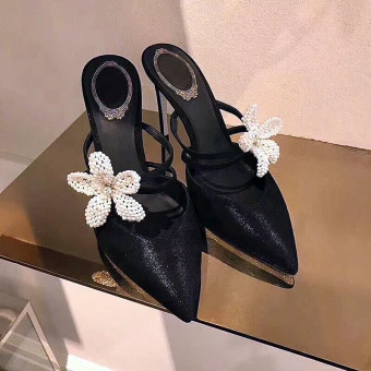 Sjarmerende Svart Dancing Suede Sandaler Dame 2020 Lær Perle 9 Cm Stiletthæler Spisse Sandaler