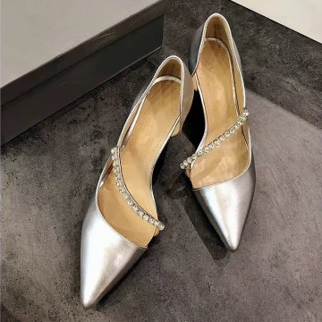 Chic Beautiful Silver Casual Leather Womens Shoes 2020 Rhinestone 7 Cm Stiletto Heels Pointed Toe High Heels