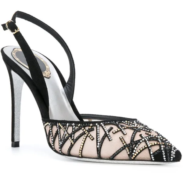 Uroczy Czarne Wieczorowe Rhinestone Slingback Sandały Damskie 2020 7 cm Szpilki Szpiczaste Sandały