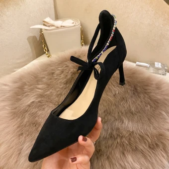 Simple Noire Cuir Cocktail Daim Escarpins 2020 Noeud Bride Cheville 9 Cm Talons Aiguilles À Bout Pointu Escarpins
