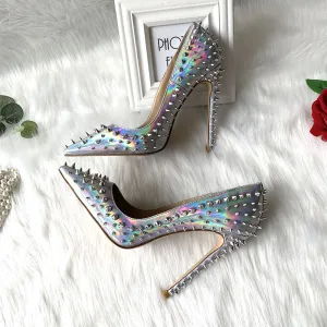 Charming Silver Cocktail Party Leather Laser Pumps 2020 Rivet 12 Cm Stiletto Heels Pointed Toe Pumps