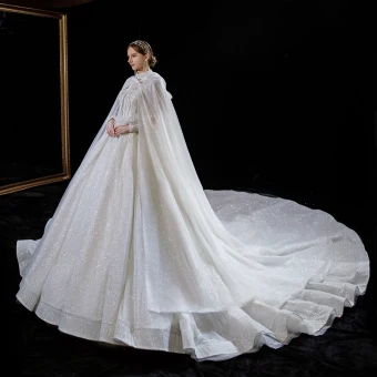 Luxury Gorgeous Ivory With Cloak Wedding Dresses 2021 Ball Gown High Neck Beading Rhinestone Sequins Bow Long Sleeve Royal Train Wedding