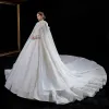 Luxury / Gorgeous Ivory With Cloak Wedding Dresses 2021 Ball Gown High Neck Beading Rhinestone Sequins Bow Long Sleeve Royal Train Wedding