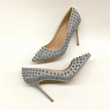 Charmant Argenté Soirée Paillettes Rivet Escarpins 2020 12 Cm Talons Aiguilles À Bout Pointu Escarpins