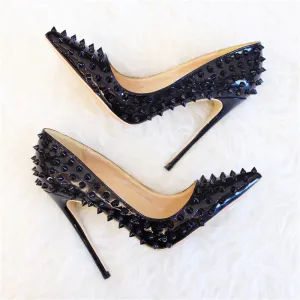 Mode Noire Club De Carnaval Rivet Escarpins 2020 Cuir 10 Cm Talons Aiguilles À Bout Pointu Escarpins