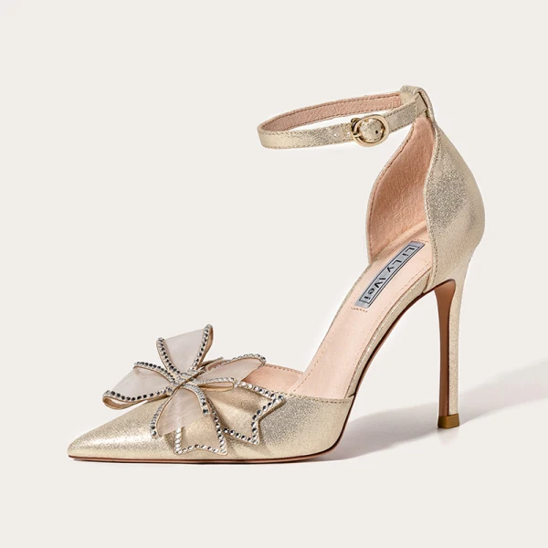 Mode Champagne Soirée Sandales Femme 2021 Cuir Faux Diamant Noeud Bride Cheville 10 cm Talons Aiguilles À Bout Pointu Sandales Talons Hauts