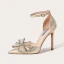 Mode Champagne Soirée Sandales Femme 2021 Cuir Faux Diamant Noeud Bride Cheville 10 cm Talons Aiguilles À Bout Pointu Sandales Talons Hauts