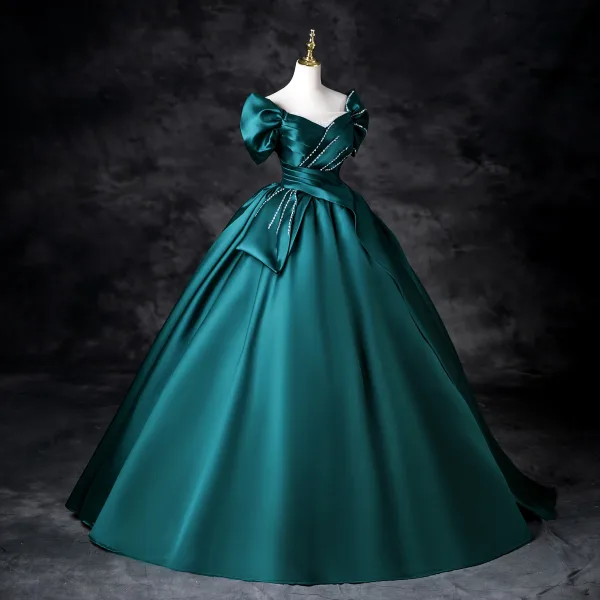 Demure Dark Green Beading Sequins Prom Dresses 2025 Ball Gown Off-The-Shoulder Satin Short Sleeve Backless Floor-Length / Long Prom Formal Dresses