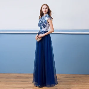 Vintage Originale Bleu Roi Robe De Soirée 2018 Princesse En Dentelle Fleur Perle Paillettes Col Haut Sans Manches Longue Robe De Ceremonie