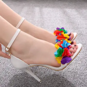 Chic Beautiful White Prom Womens Sandals 2020 Appliques Ankle Strap 9 Cm Stiletto Heels Open Peep Toe Sandals