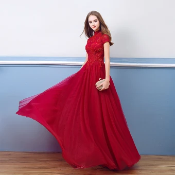 Chic Beautiful Burgundy Evening Dresses 2018 A Line Princess Beading Lace Sequins Crystal High Neck Floor Length Long Short Sleeve Formal Dresses