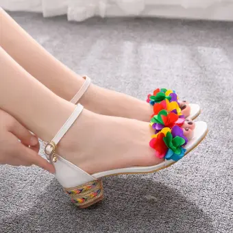 Chic Beautiful Casual White Womens Sandals 2020 Multi Colors Flower 4 Cm Thick Heels Low Heel Open Peep Toe Sandals
