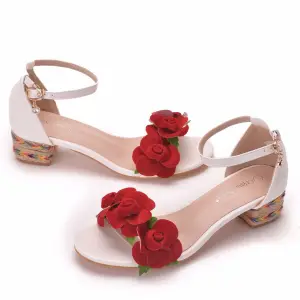 Mooie Prachtige Witte Toevallig Sandalen Dames 2020 Enkelband Rode Bloem 4 Cm Dikke Hak Lage Hak Peep Toe Sandalen