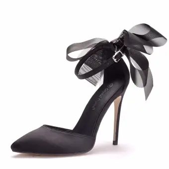 Chic Beautiful Black Satin Prom Womens Sandals 2020 Bow Ankle Strap 11 Cm Stiletto Heels Pointed Toe Sandals
